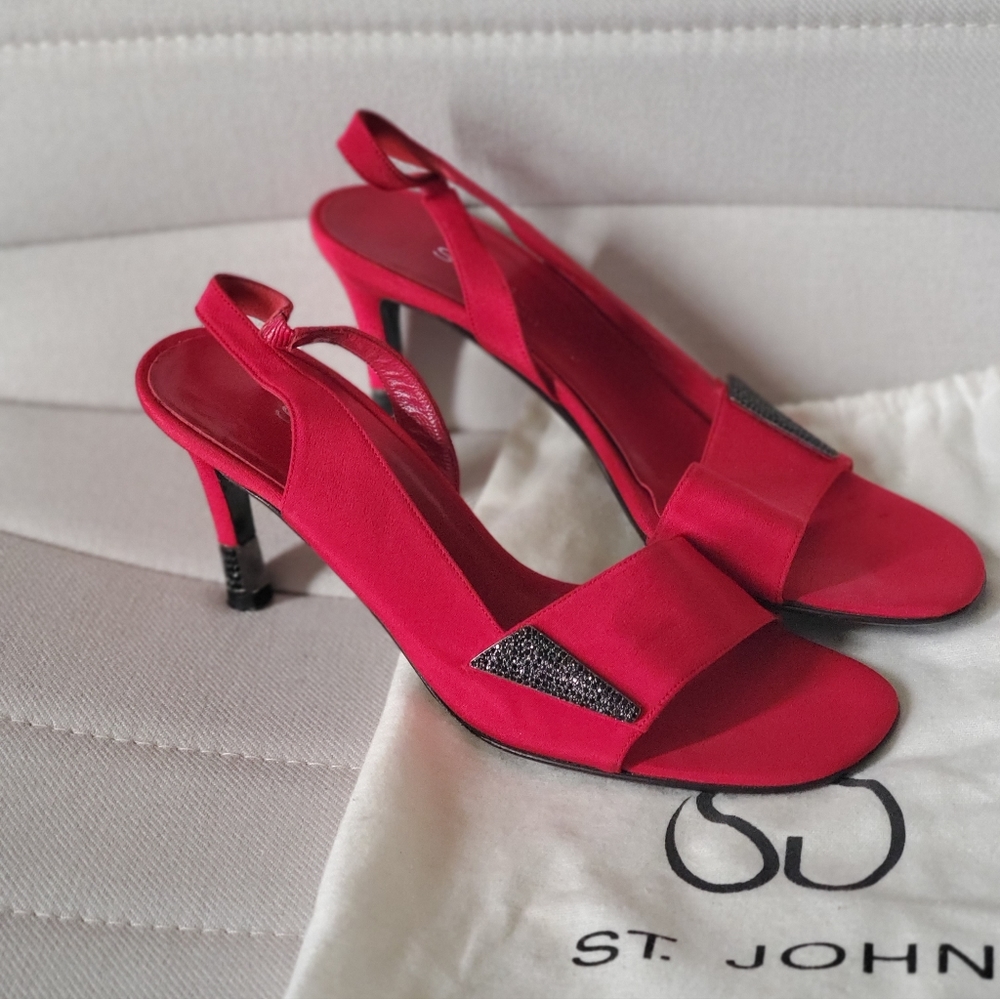 St John Red Satin Slingbacks embellished with Rhinestones 7B